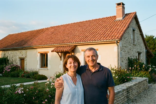 Couple de propriétaires satisfaits devant leur maison rénovée